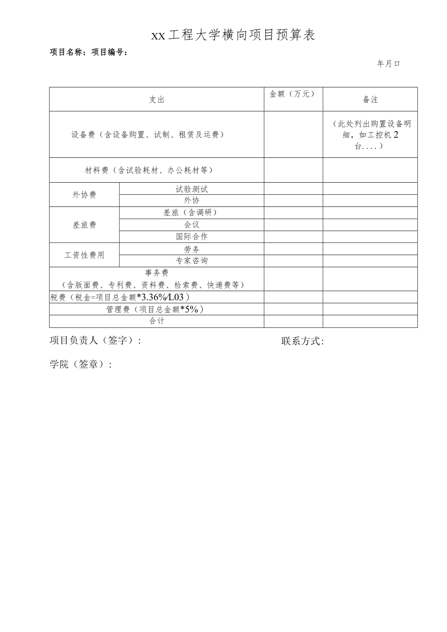 xx工程大学横向项目预算表（税已更新）.docx_第1页