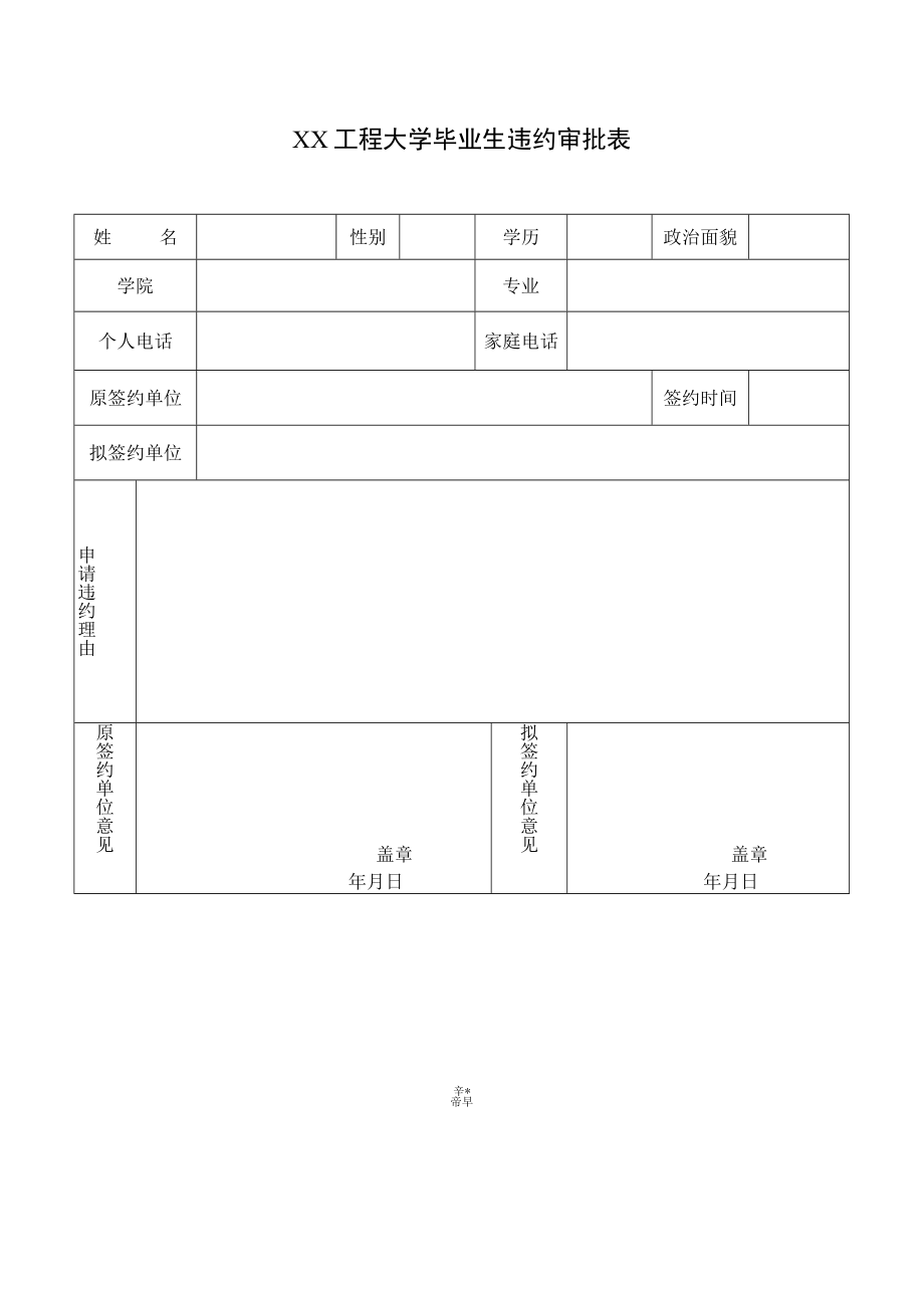 XX工程大学毕业生违约审批表.docx_第1页