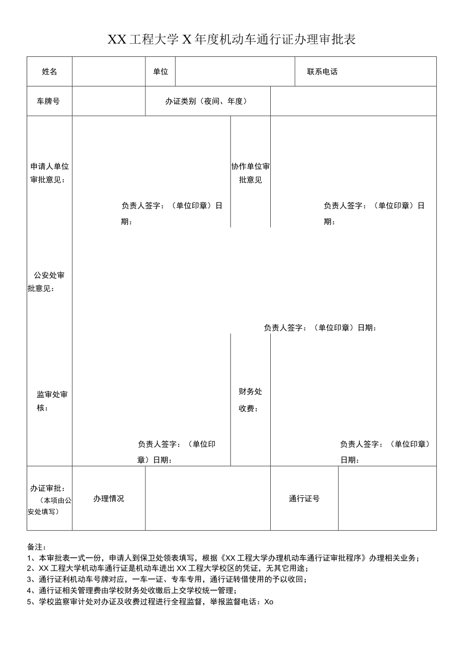 XX工程大学X年度机动车通行证办理审批表.docx_第1页