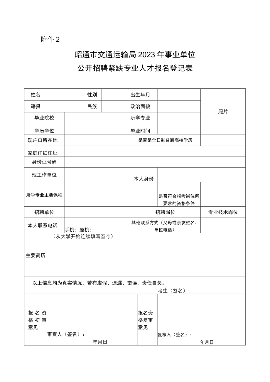 昭通市交通运输局2023年事业单位公开招聘优秀紧缺专业技术人才报名登记表.docx_第1页