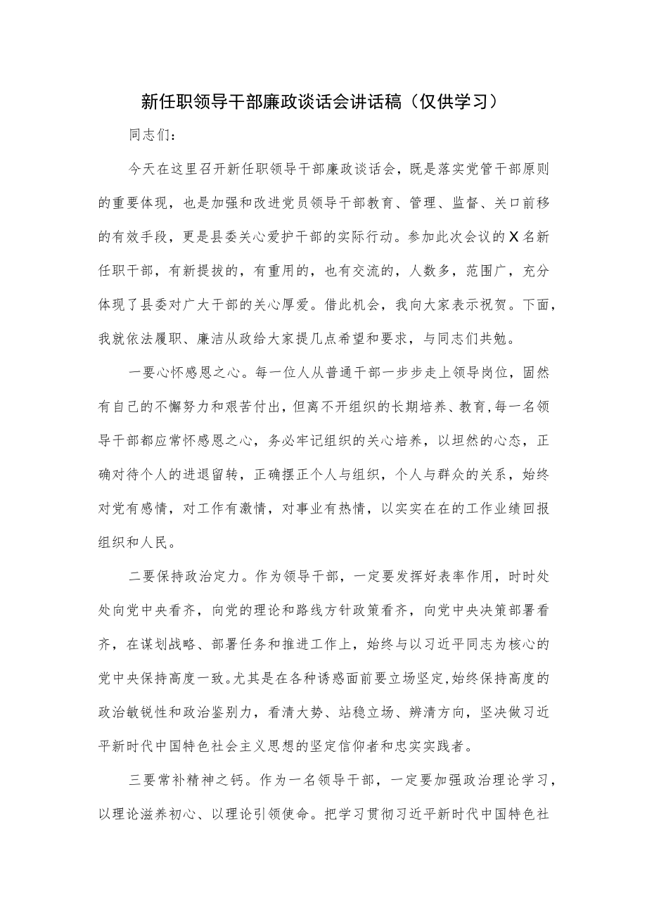 新任职领导干部廉政谈话会讲话稿.docx_第1页