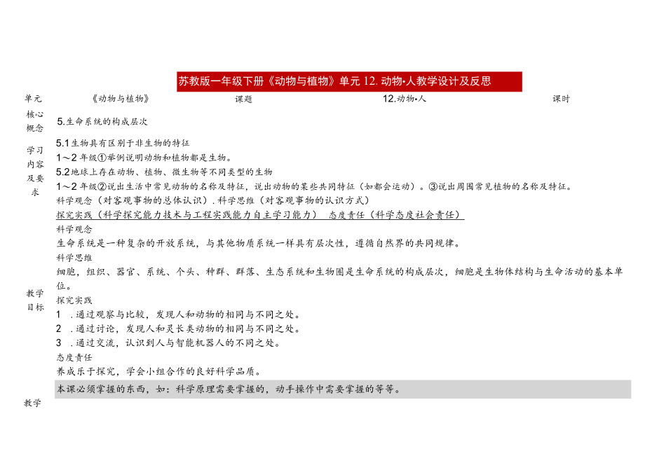 苏教版科学2023新版一年级下册第四单元动物与植物第12课动物人教案教学设计及反思.docx_第1页