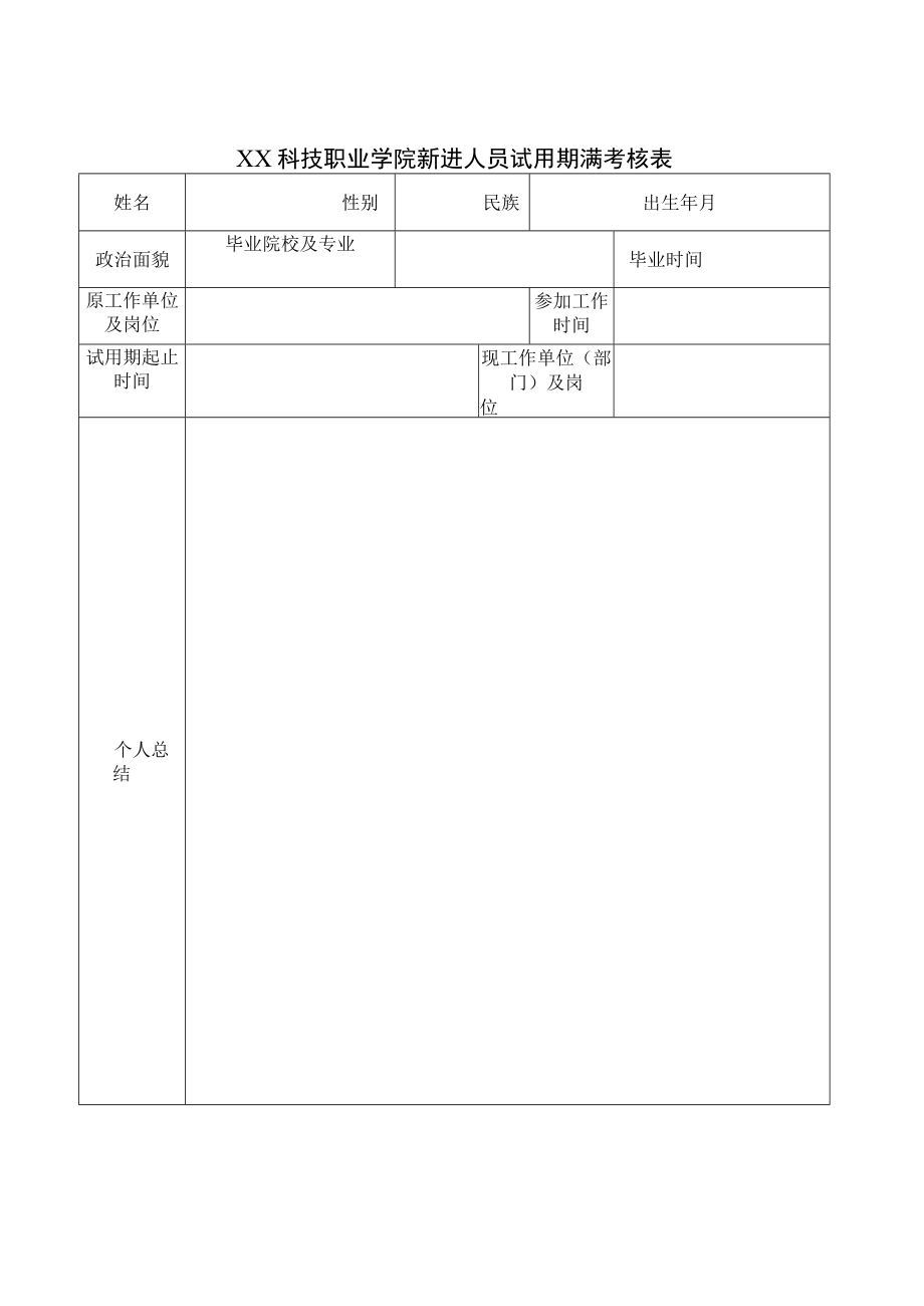 XX科技职业学院新进人员试用期满考核表.docx_第1页