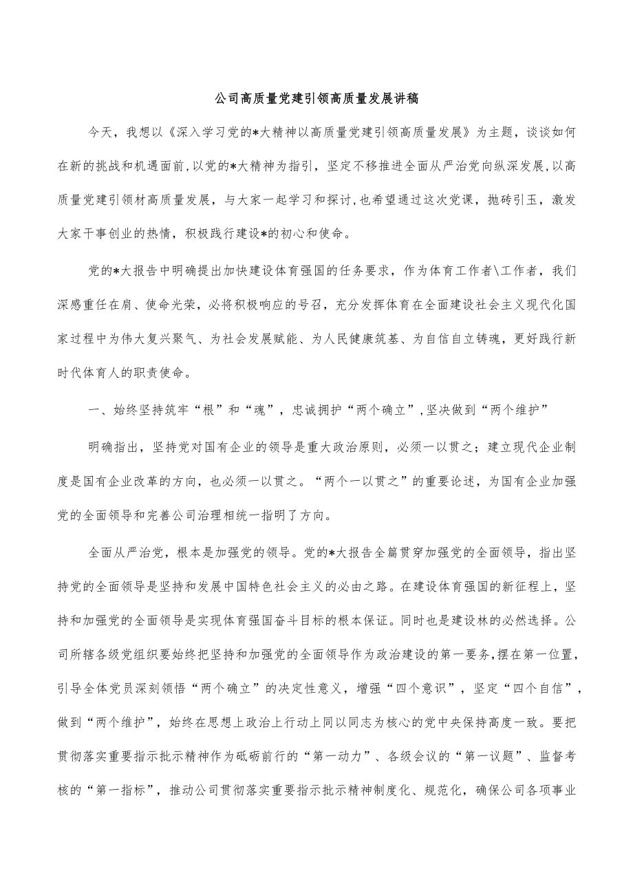 公司高质量党建引领高质量发展讲稿.docx_第1页