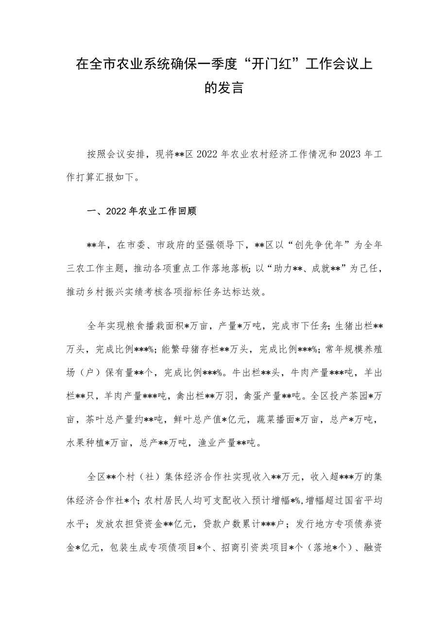 在全市农业系统确保一季度“开门红”工作会议上的发言.docx_第1页