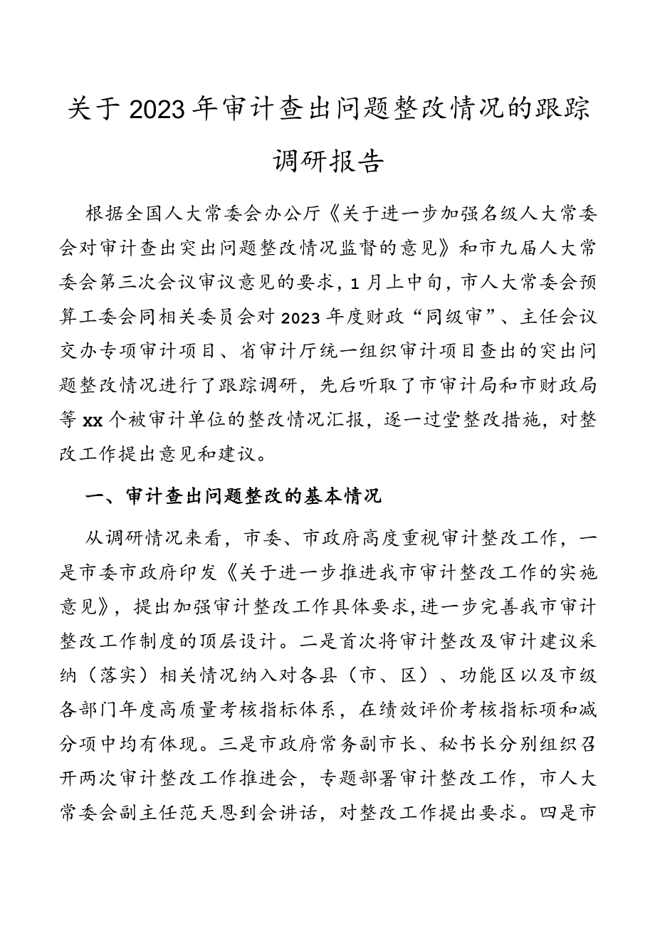 关于2023年审计查出问题整改情况的跟踪调研报告.docx_第1页