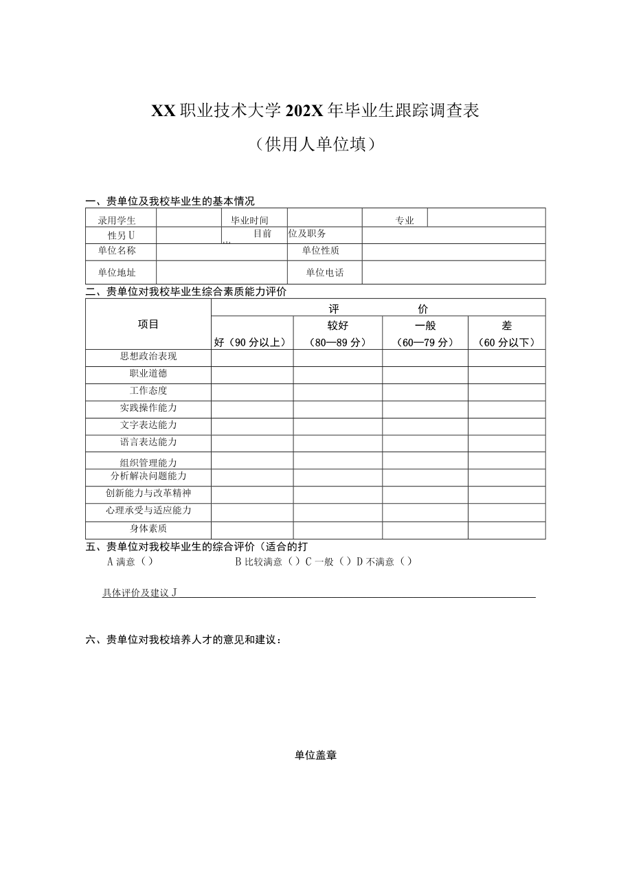 XX职业技术大学202X年毕业生跟踪调查表（用人单位填写）.docx_第1页