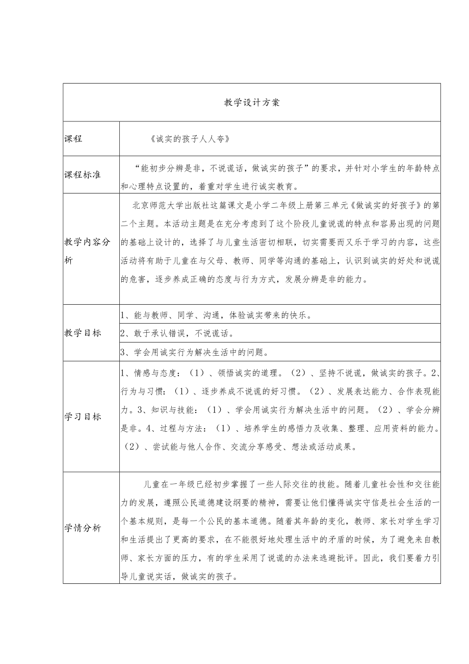 诚实的孩子人人夸 教学设计.docx_第1页