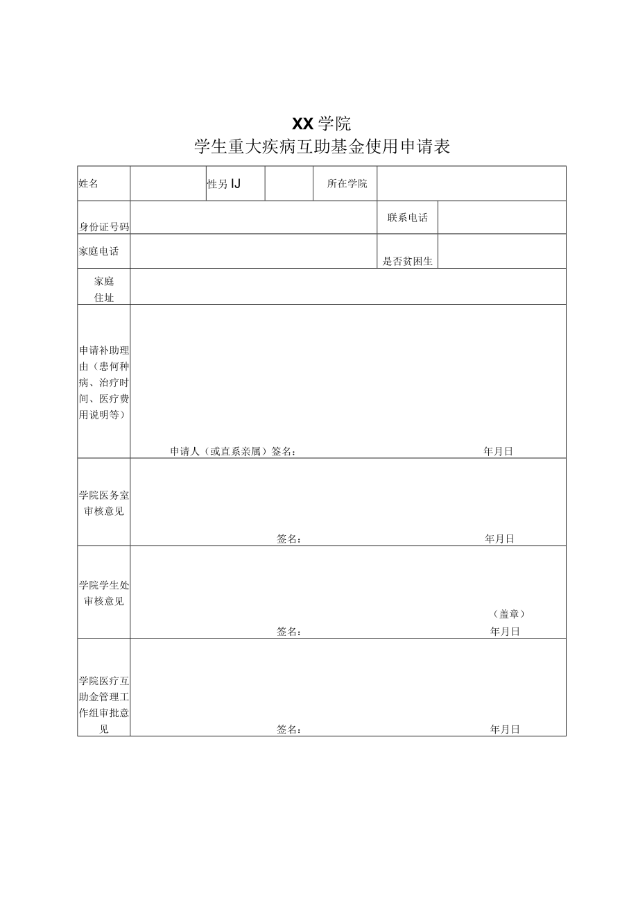 XX学院学生重大疾病互助基金使用申请表.docx_第1页