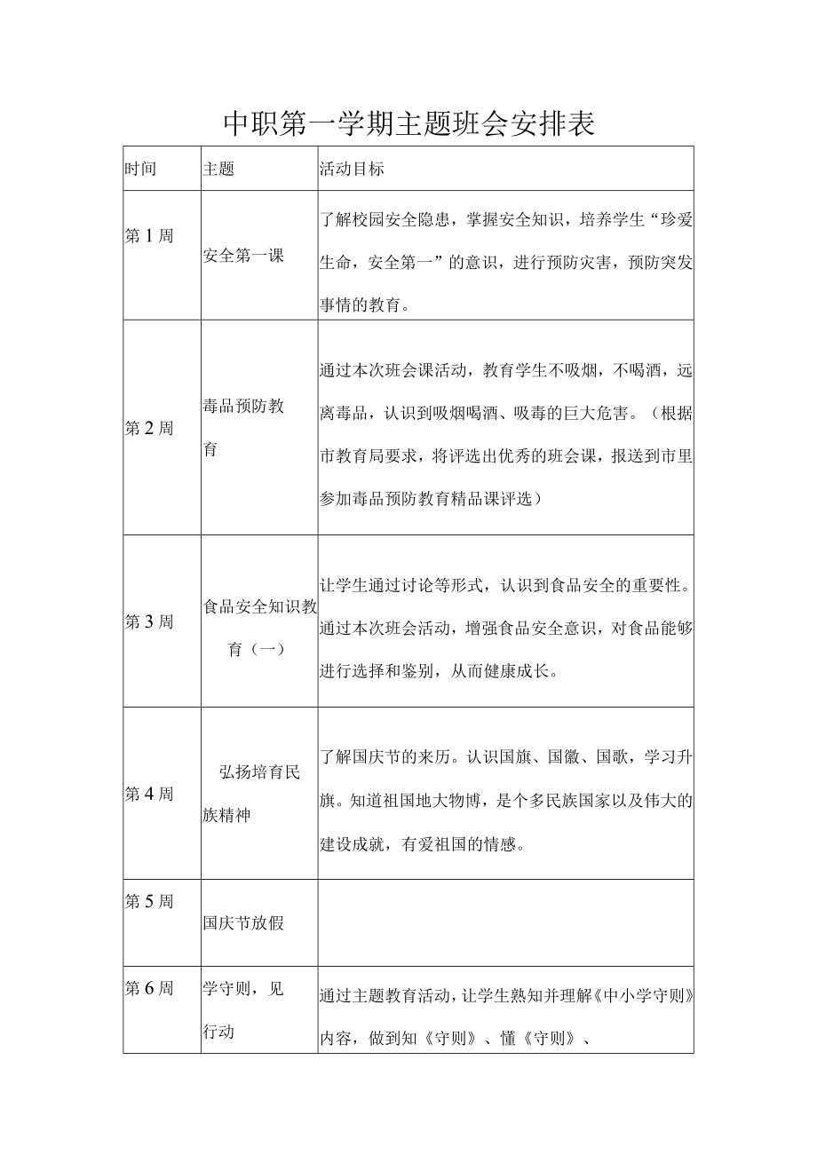 中职第一学期主题班会安排表.docx_第1页