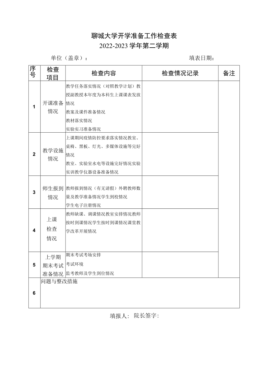 聊城大学开学准备工作检查022-2023学年第二学期.docx_第1页