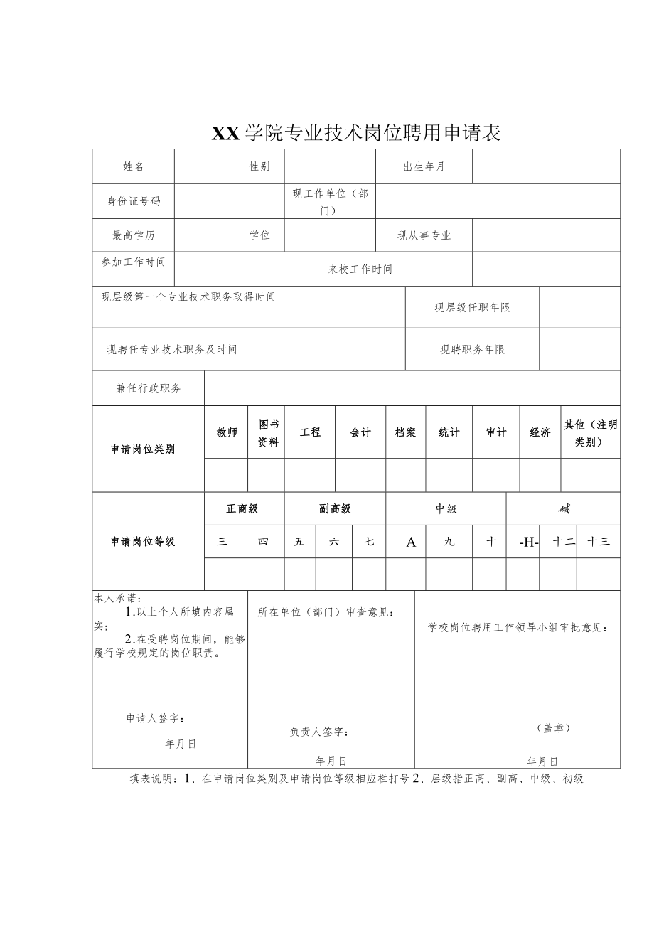 XX学院专业技术岗位聘用申请表.docx_第1页