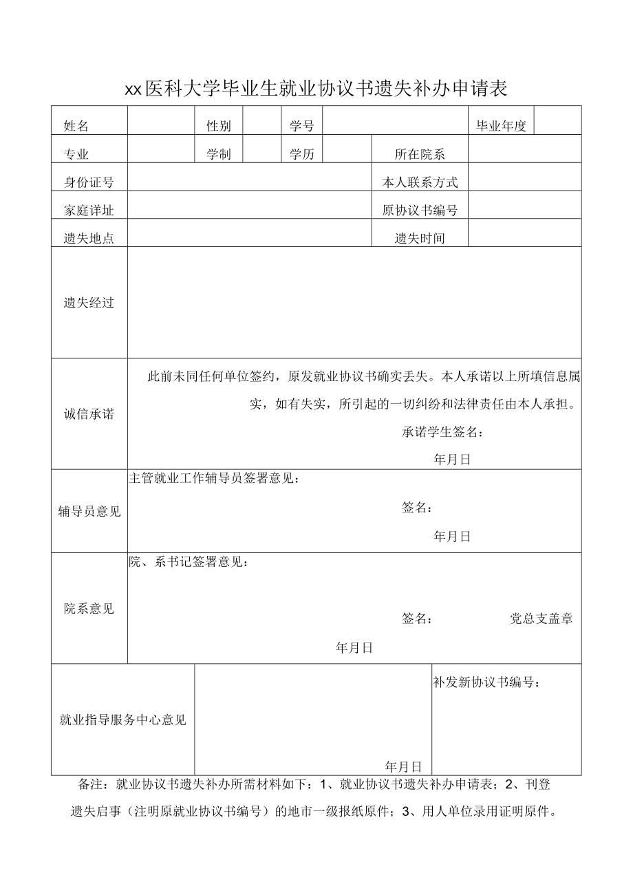 xx医科大学毕业生就业协议书遗失补办申请表.docx_第1页