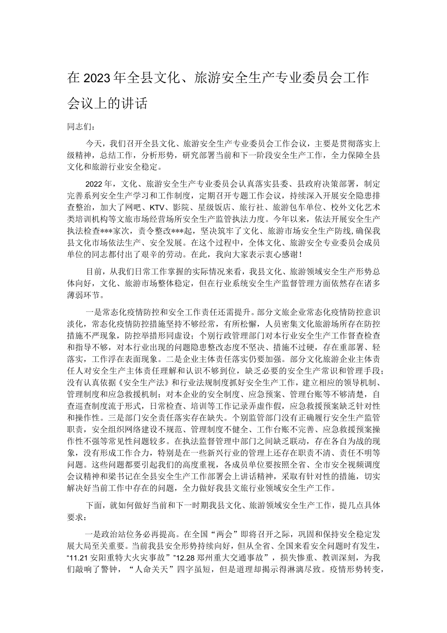 在2023年全县文化、旅游安全生产专业委员会工作会议上的讲话.docx_第1页