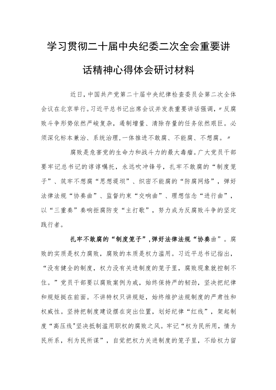 学习贯彻二十届中央纪委二次全会重要讲话精神心得体会研讨材料.docx_第1页