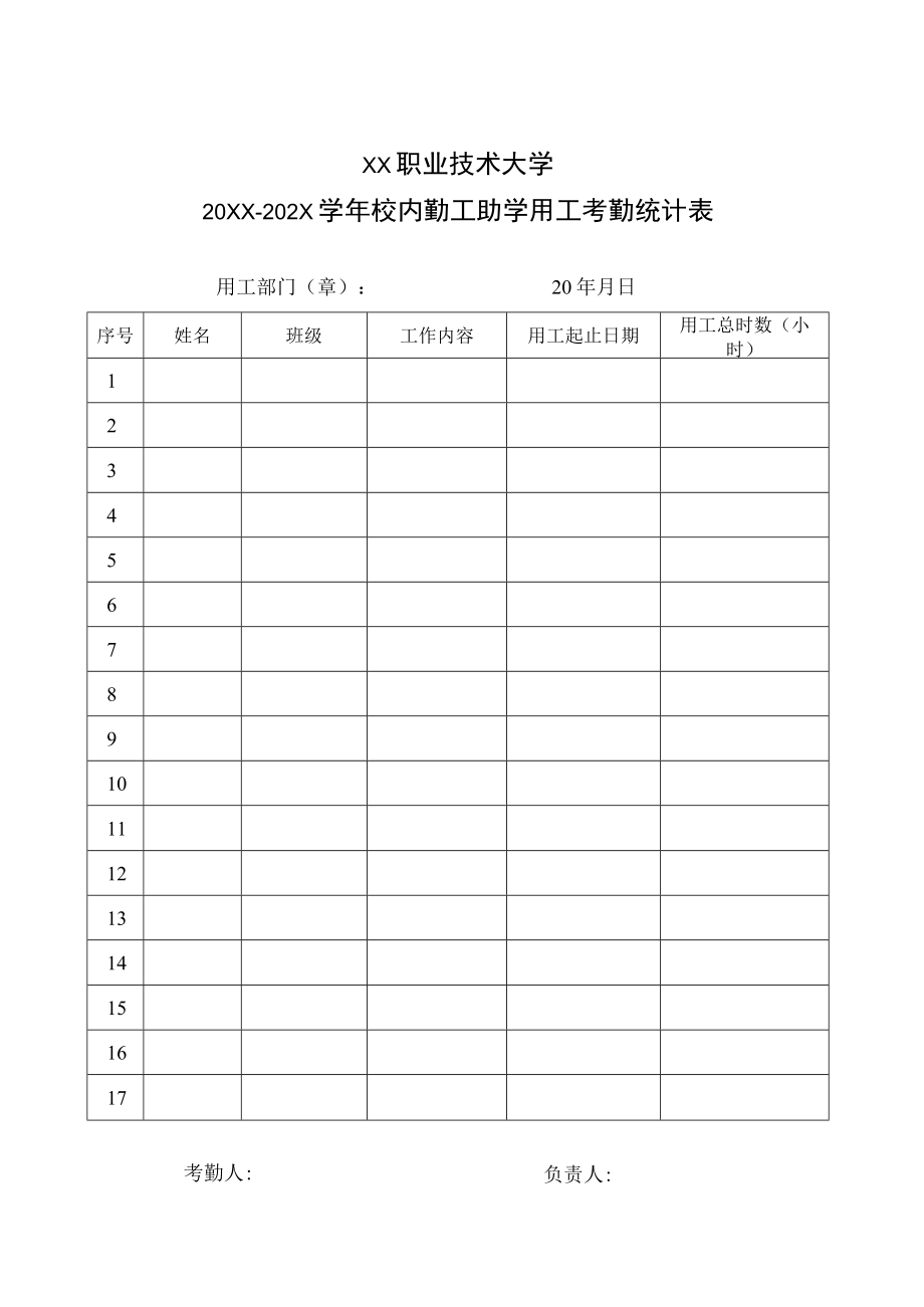 XX职业技术大学X学年校内勤工助学用工考勤统计表.docx_第1页