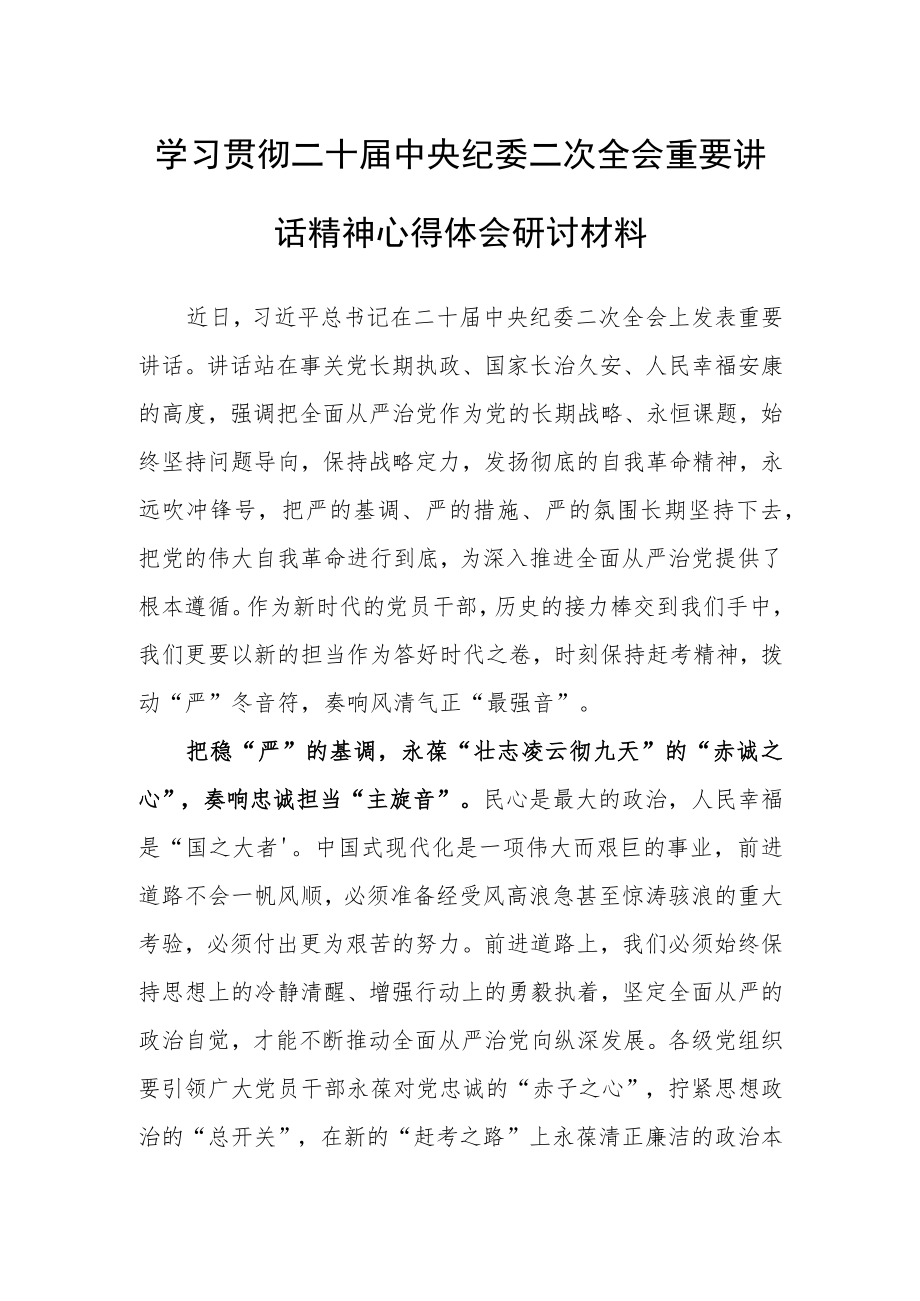 学习贯彻二十届中央纪委二次全会重要讲话精神心得体会研讨材料（拨动“严”冬音符 奏响风清气正“最强音”）.docx_第1页