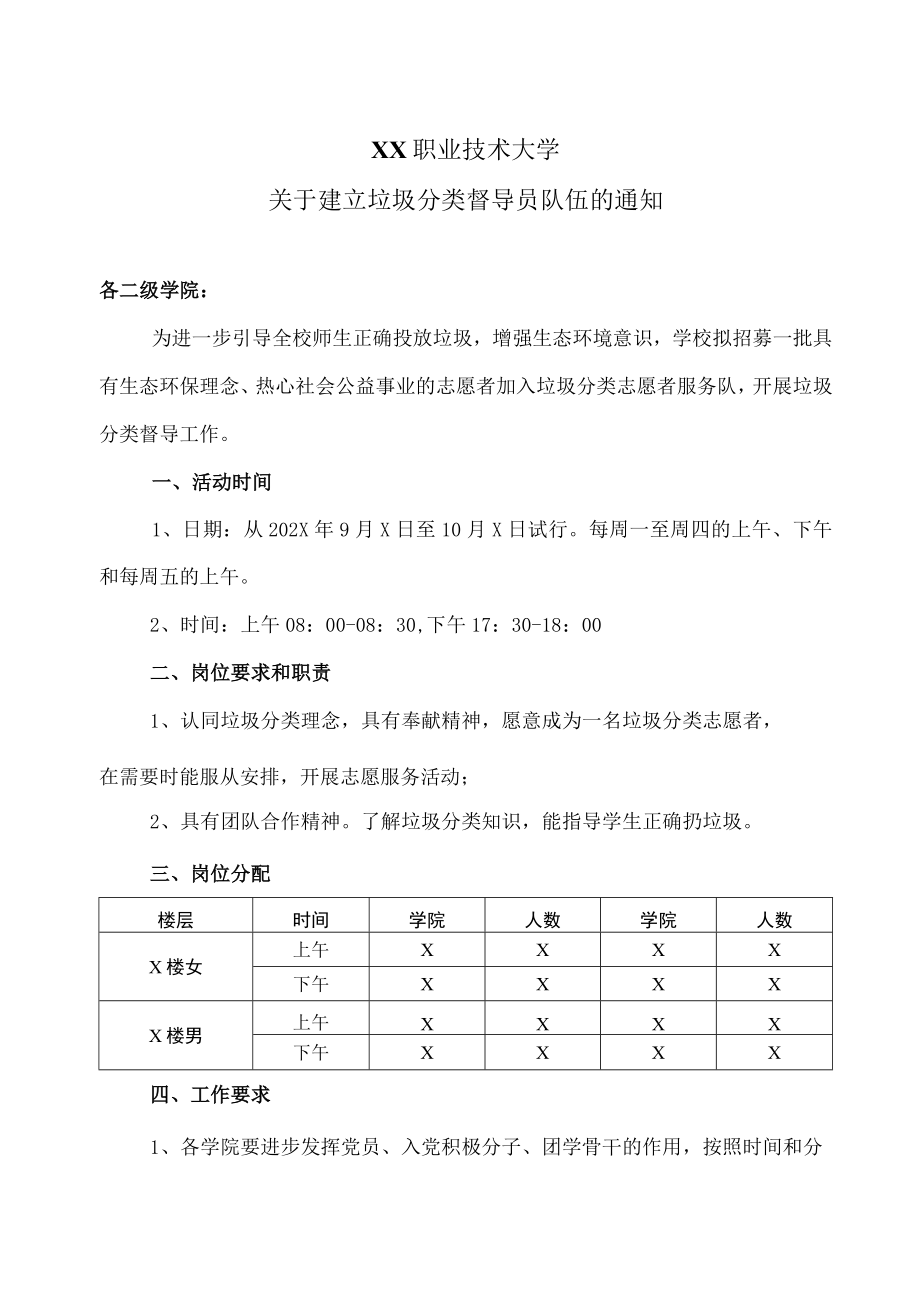 XX职业技术大学关于建立垃圾分类督导员队伍的通知.docx_第1页