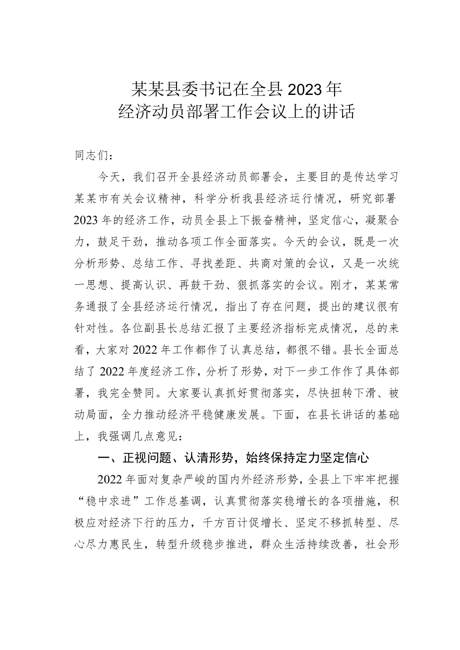 某某县委书记在全县2023年经济动员部署工作会议上的讲话.docx_第1页