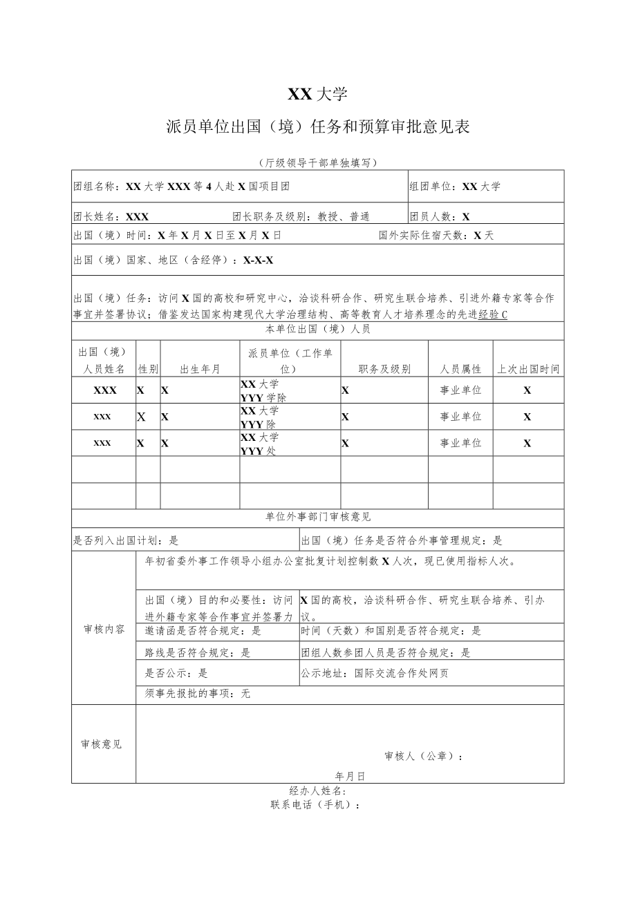 XX大学派员单位出国(境)任务和预算审批意见表.docx_第1页