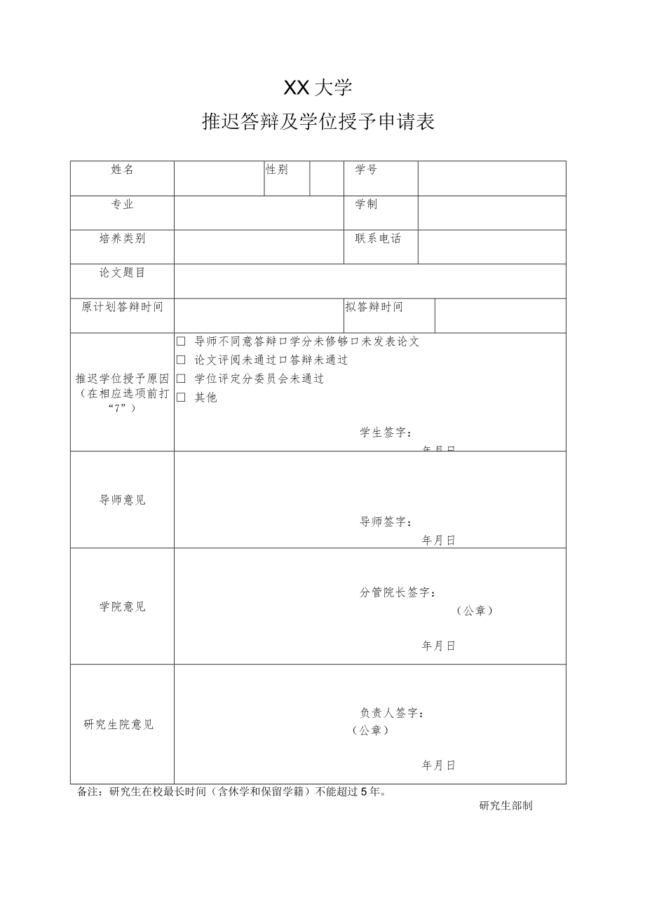 XX大学推迟答辩及学位授予申请表.docx_第1页