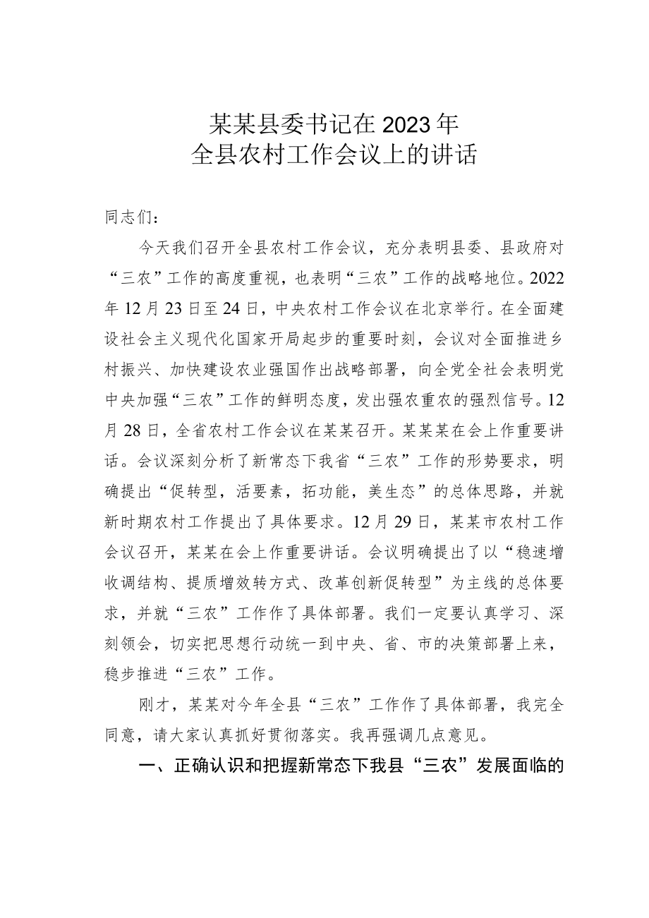 某某县委书记在2023年全县农村工作会议上的讲话.docx_第1页