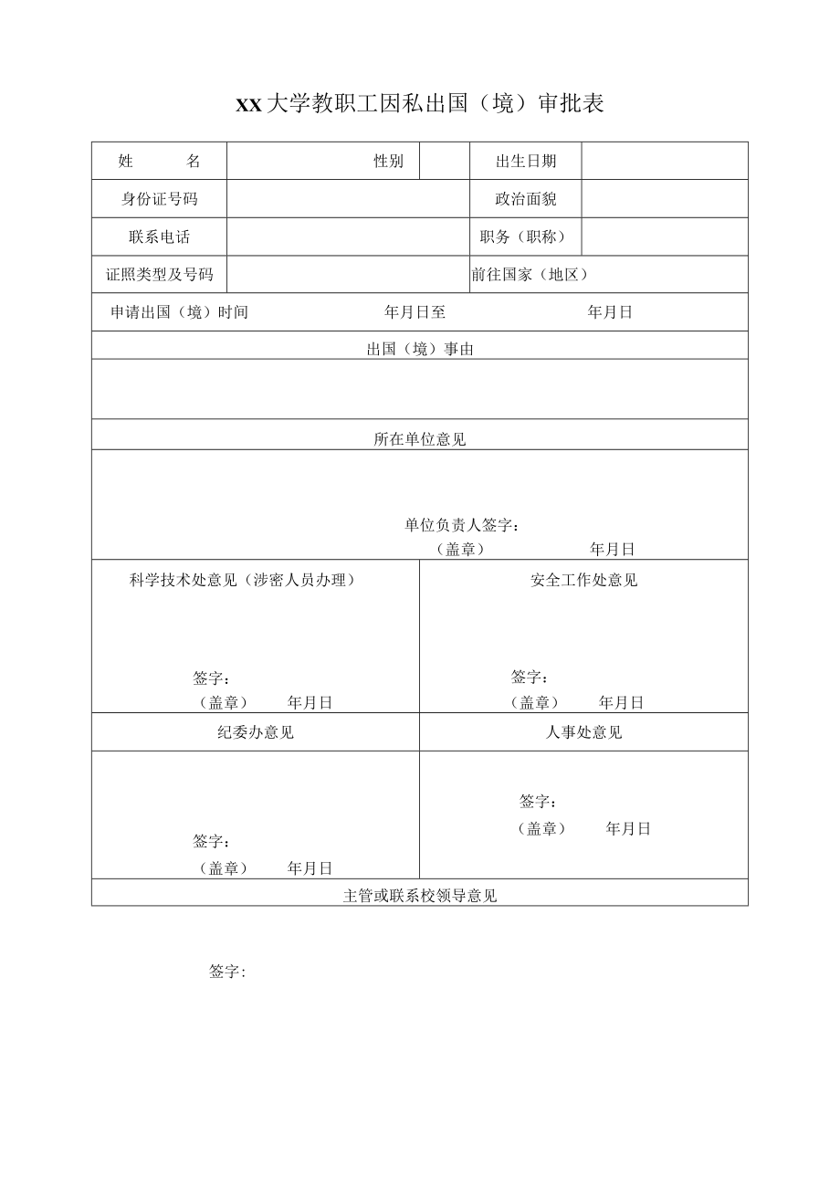 XX大学教职工因私出国（境）审批表.docx_第1页