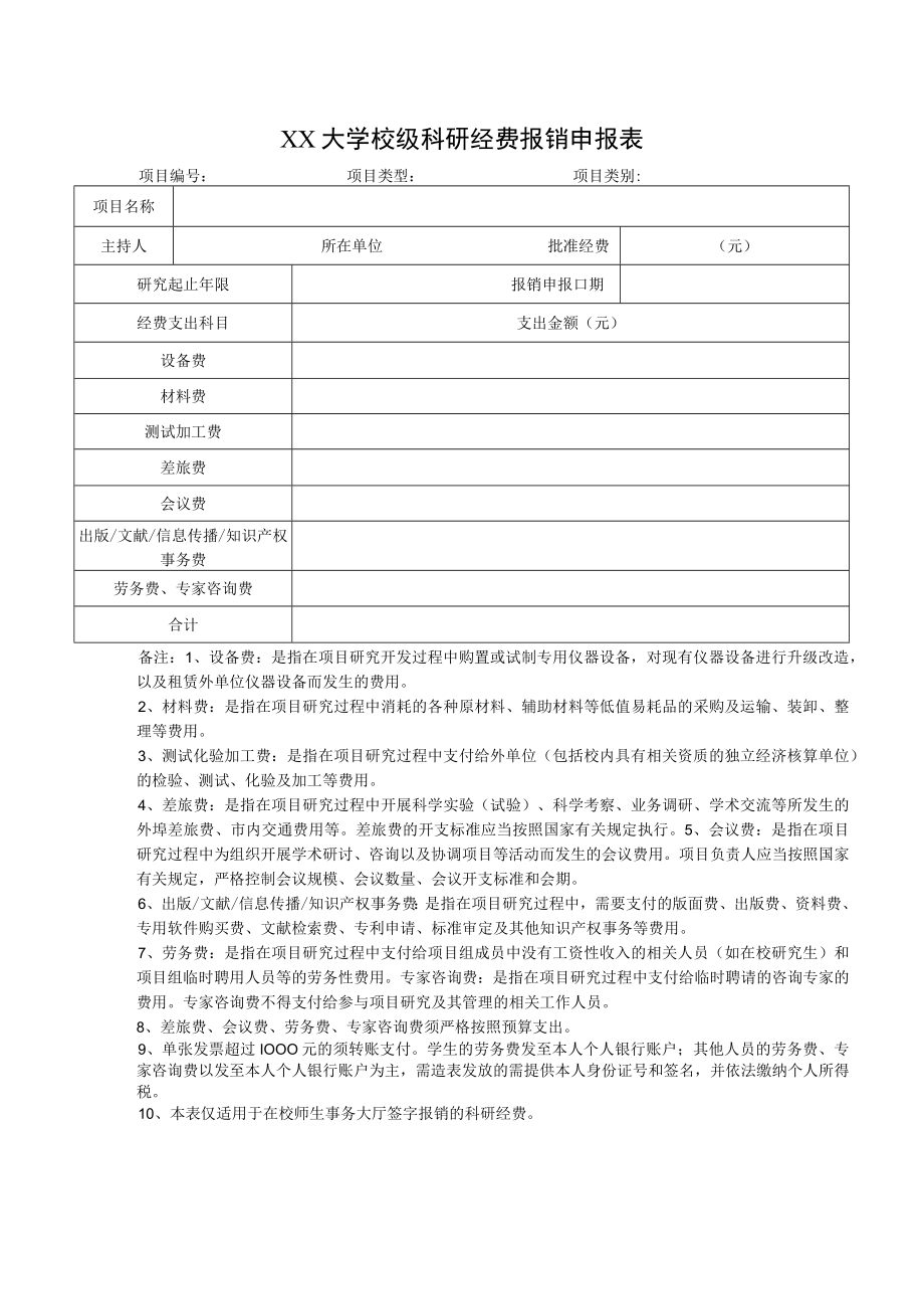 XX大学校级科研经费报销申报表.docx_第1页