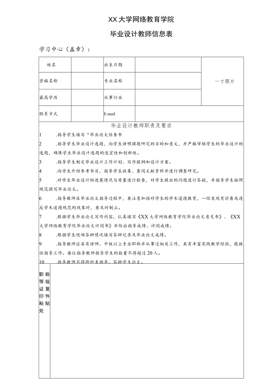 XX大学网络教育学院毕业设计教师信息表.docx_第1页