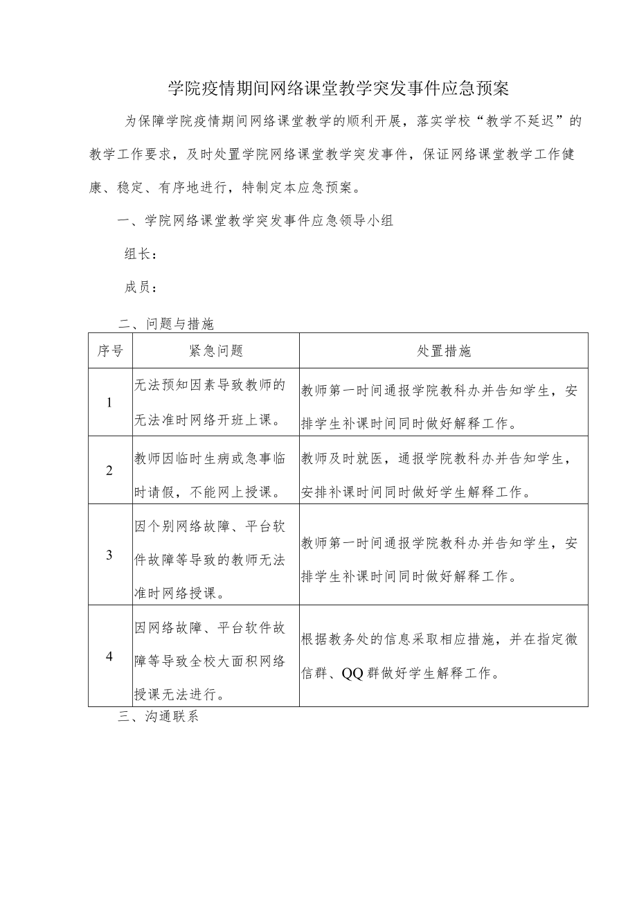 学院疫情期间网络课堂教学突发事件应急预案.docx_第1页