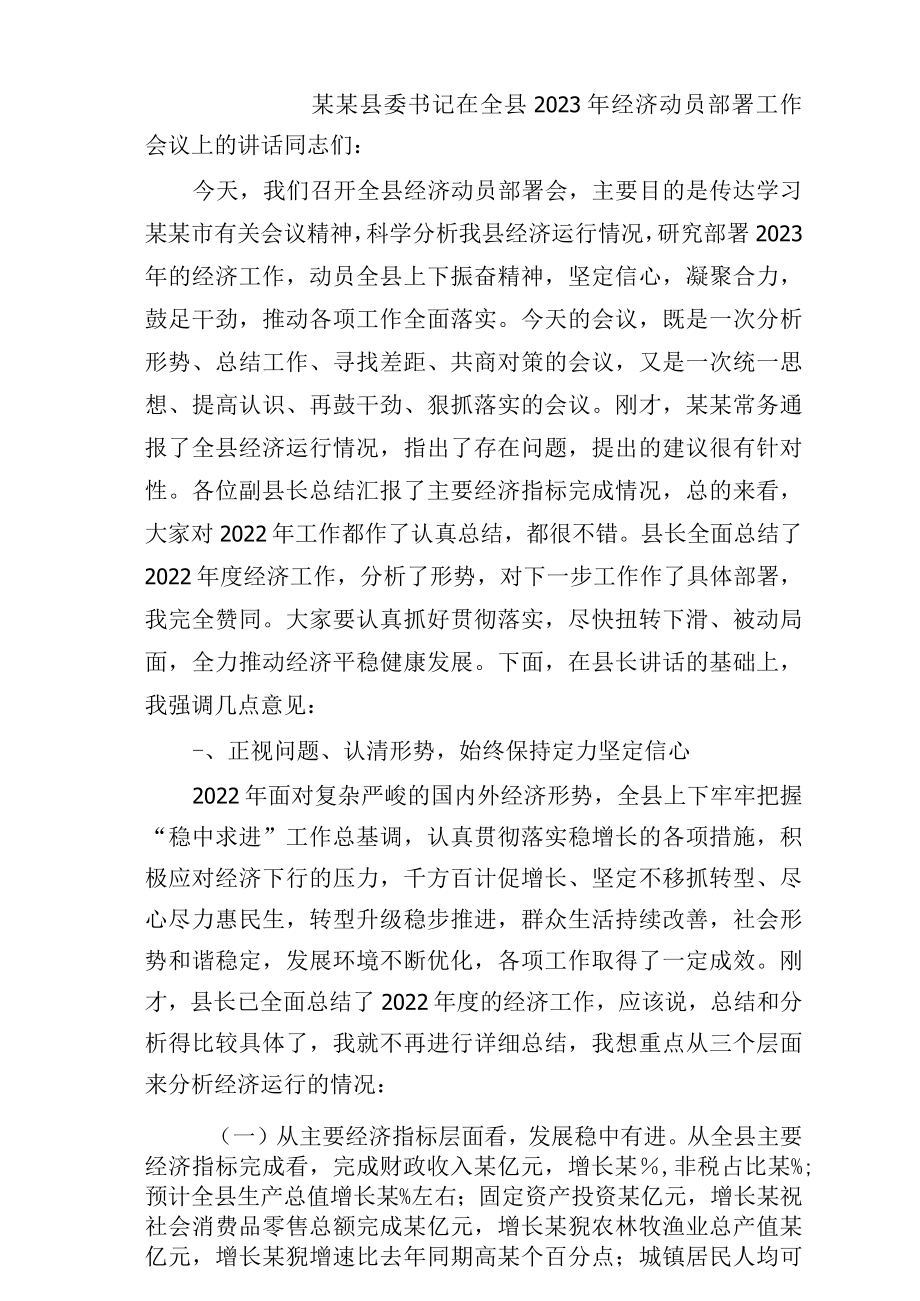 某某县委书记在全县2023年经济动员部署工作会议上的讲话.docx_第1页