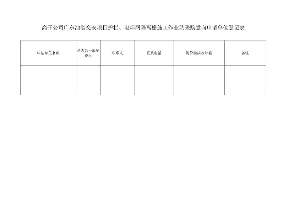 高开公司广东汕湛交安项目护栏、电焊网隔离栅施工作业队采购意向申请单位登记表.docx_第1页