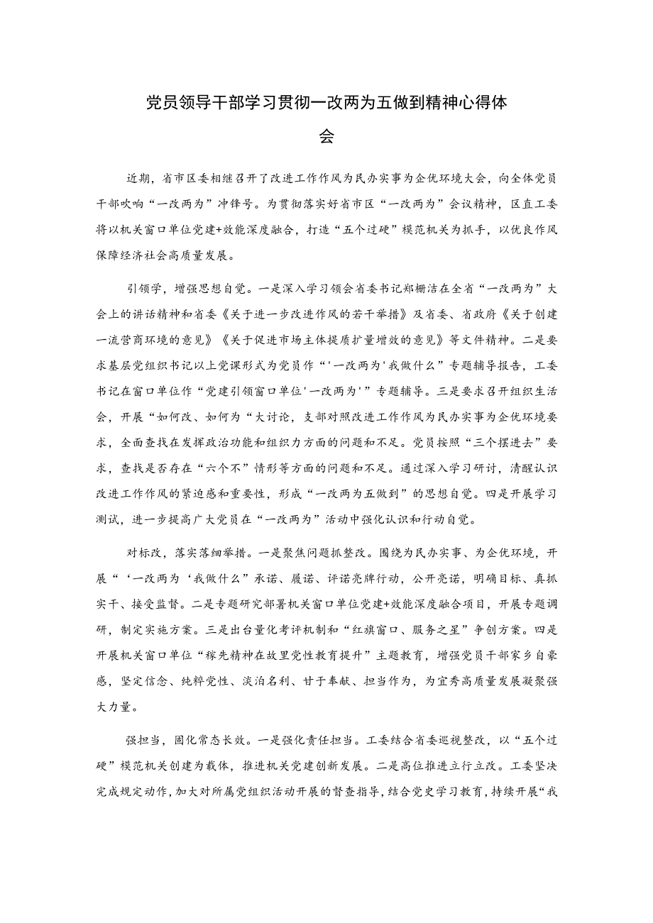 党员领导干部学习贯彻一改两为五做到精神心得体会.docx_第1页