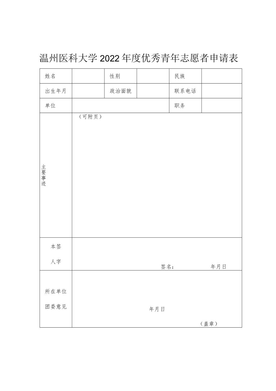 温州医科大学2022年度优秀青年志愿者申请表.docx_第1页