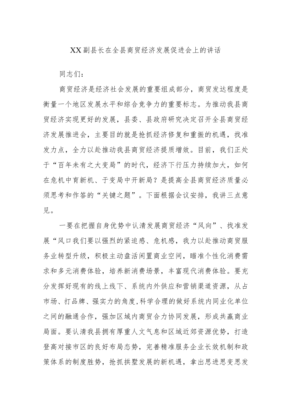 XX副县长在全县商贸经济发展促进会上的讲话.docx_第1页