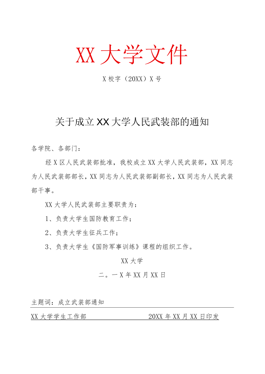 关于成立XX大学人民武装部的通知.docx_第1页