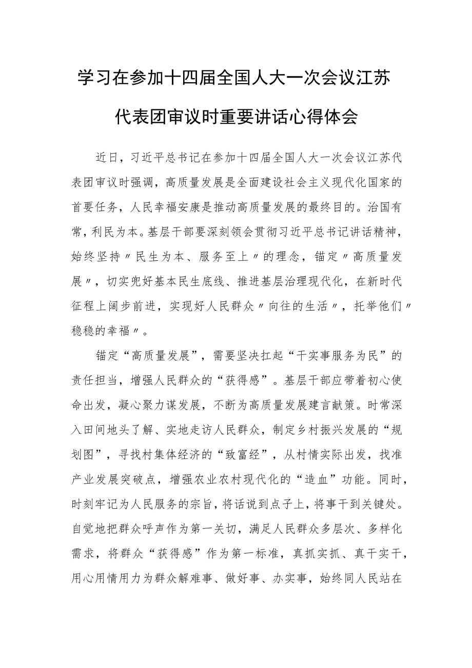 政府机关干部学习在参加十四届全国人大一次会议江苏代表团审议时重要讲话精神心得感想研讨发言材料【3篇】.docx_第1页