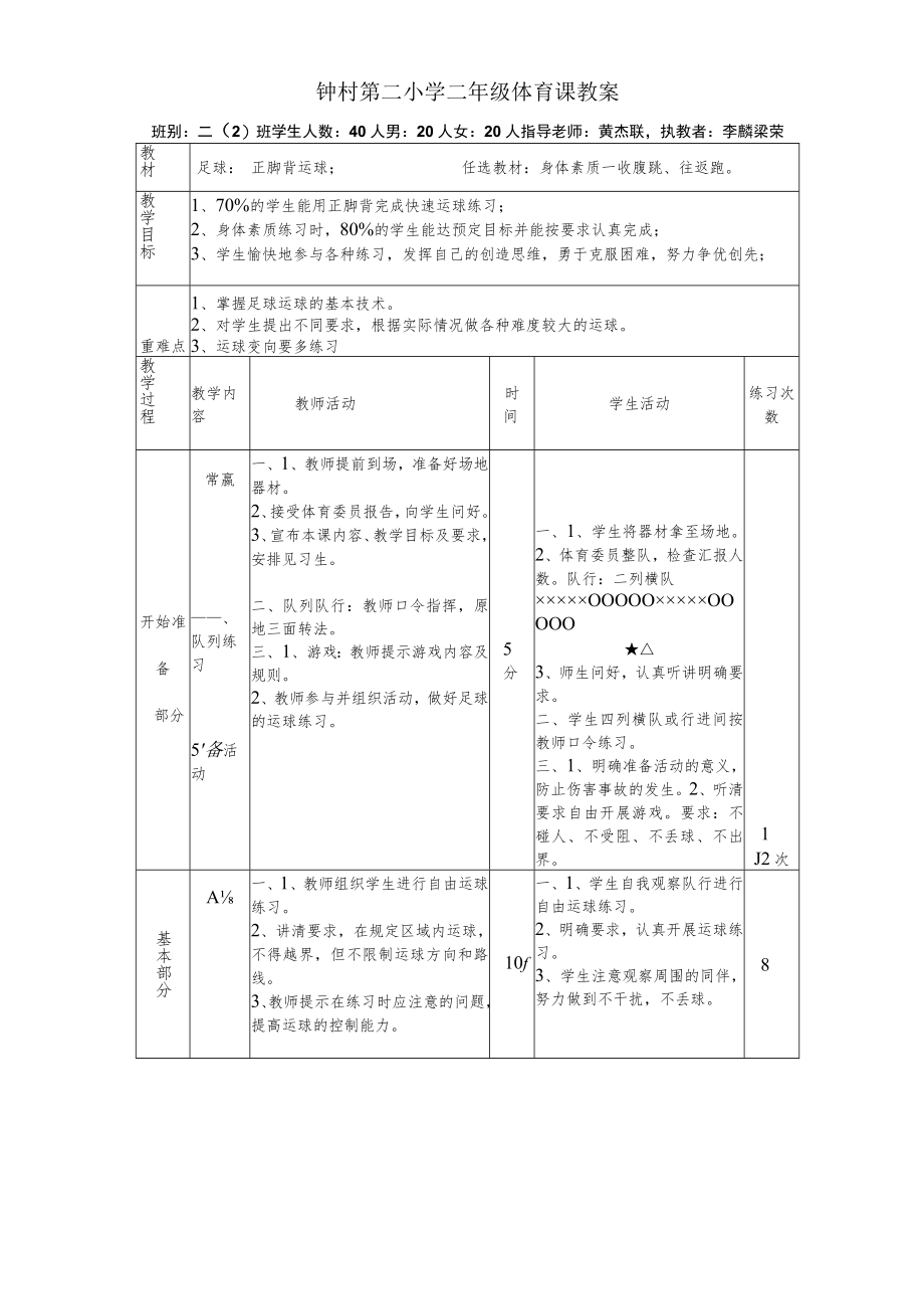 小学二年级——足球正脚背运球学习 教学设计.docx_第2页