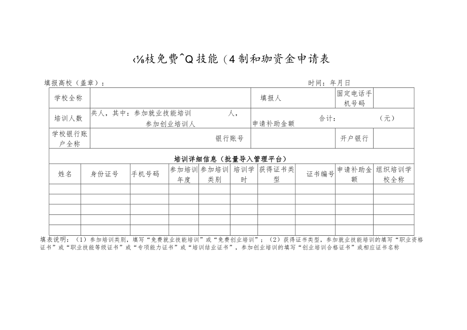 高校免费职业技能培训补助资金申请表.docx_第1页