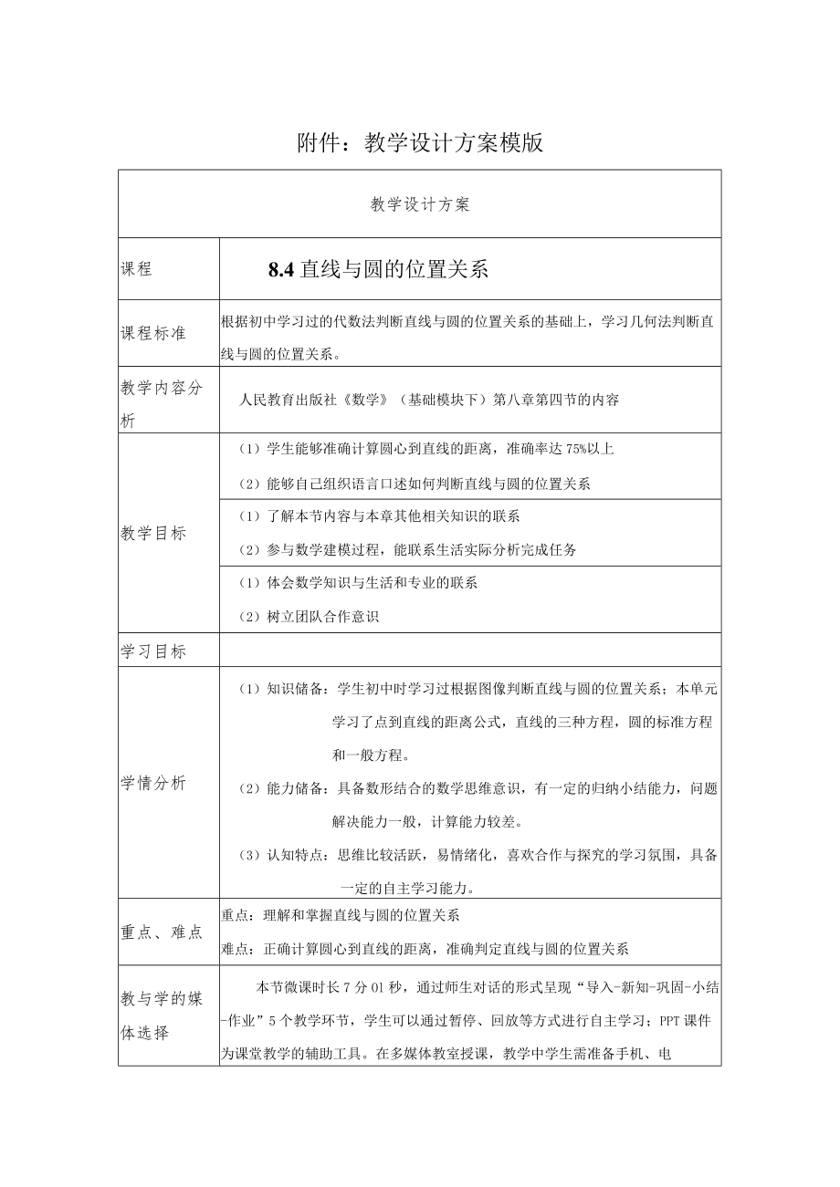 直线与圆的位置关系 教学设计.docx_第1页