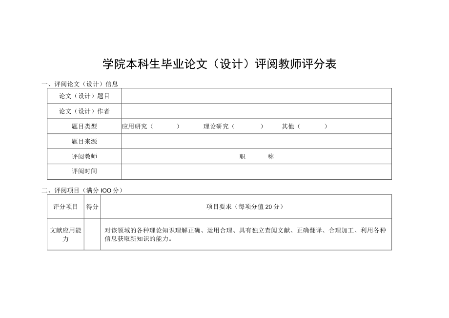 学院本科生毕业论文（设计）评阅教师评分表.docx_第1页