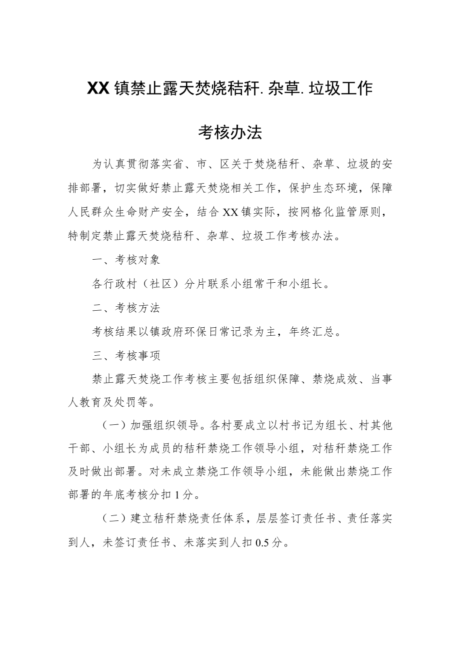 XX镇禁止露天焚烧秸秆、杂草、垃圾工作考核办法.docx_第1页