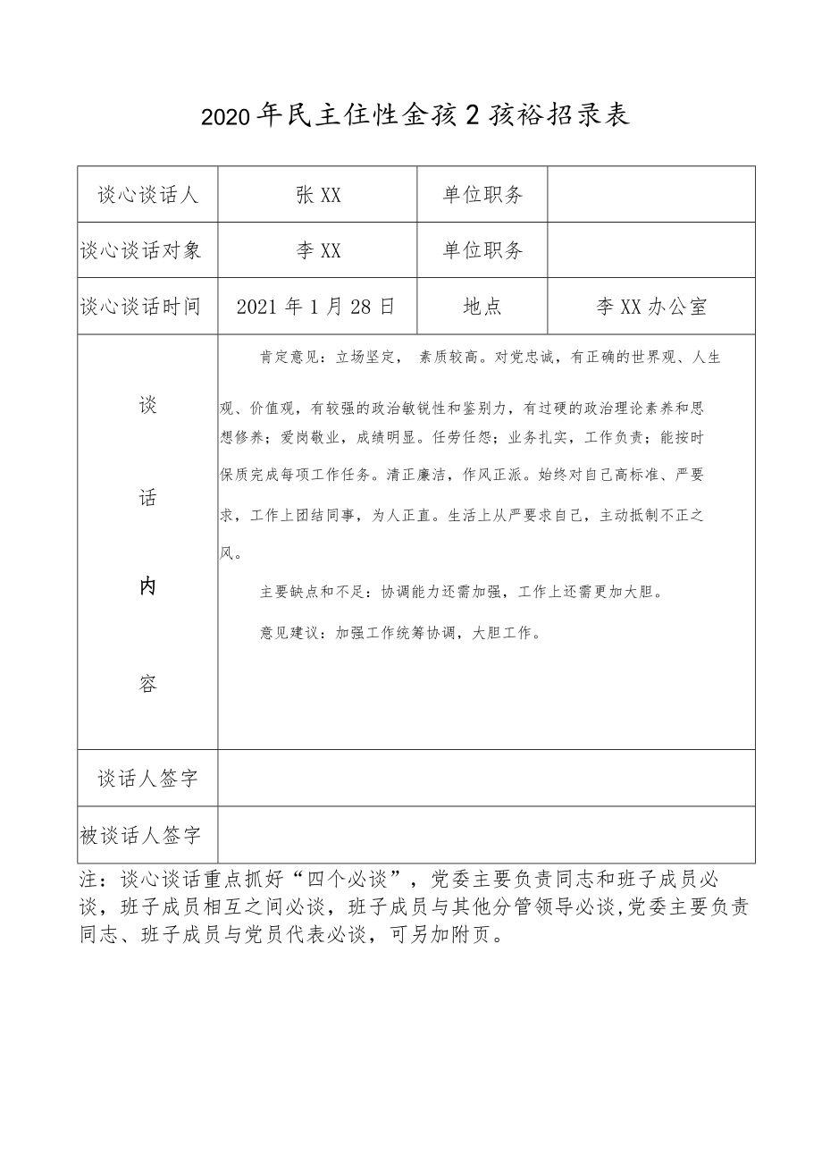 2021年民主生活会谈心谈话记录表（示例）.docx_第1页