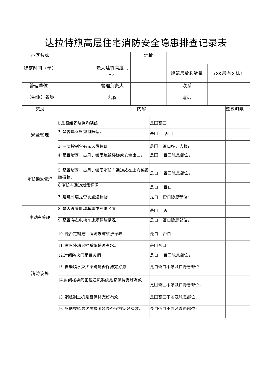 达拉特旗高层住宅消防安全隐患排查记录表.docx_第1页