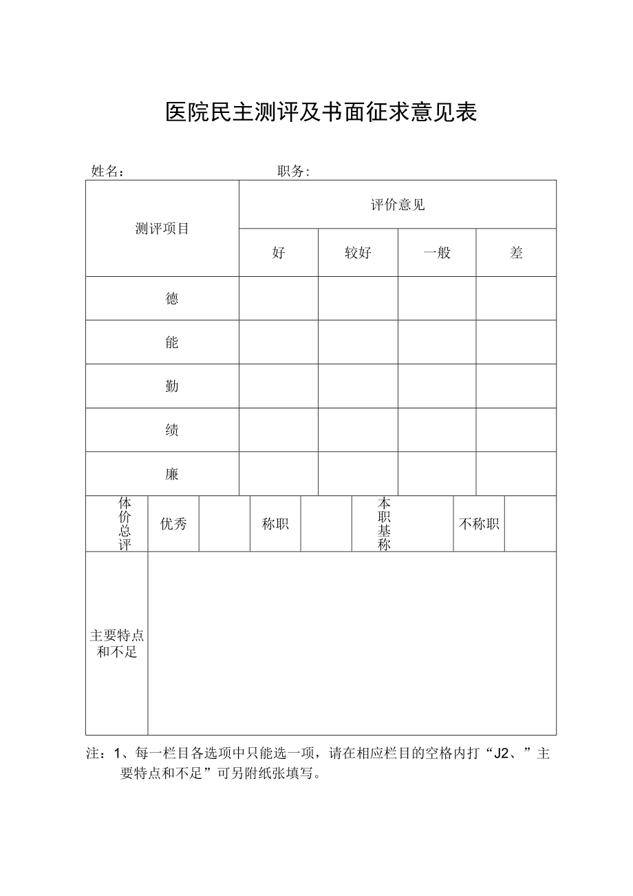 医院民主测评及书面征求意见表及结果汇总表.docx_第1页