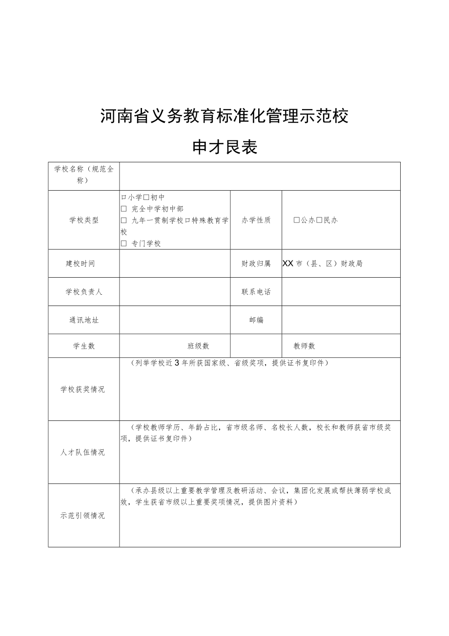 河南省义务教育标准化管理示范校、特色校申报表.docx_第1页