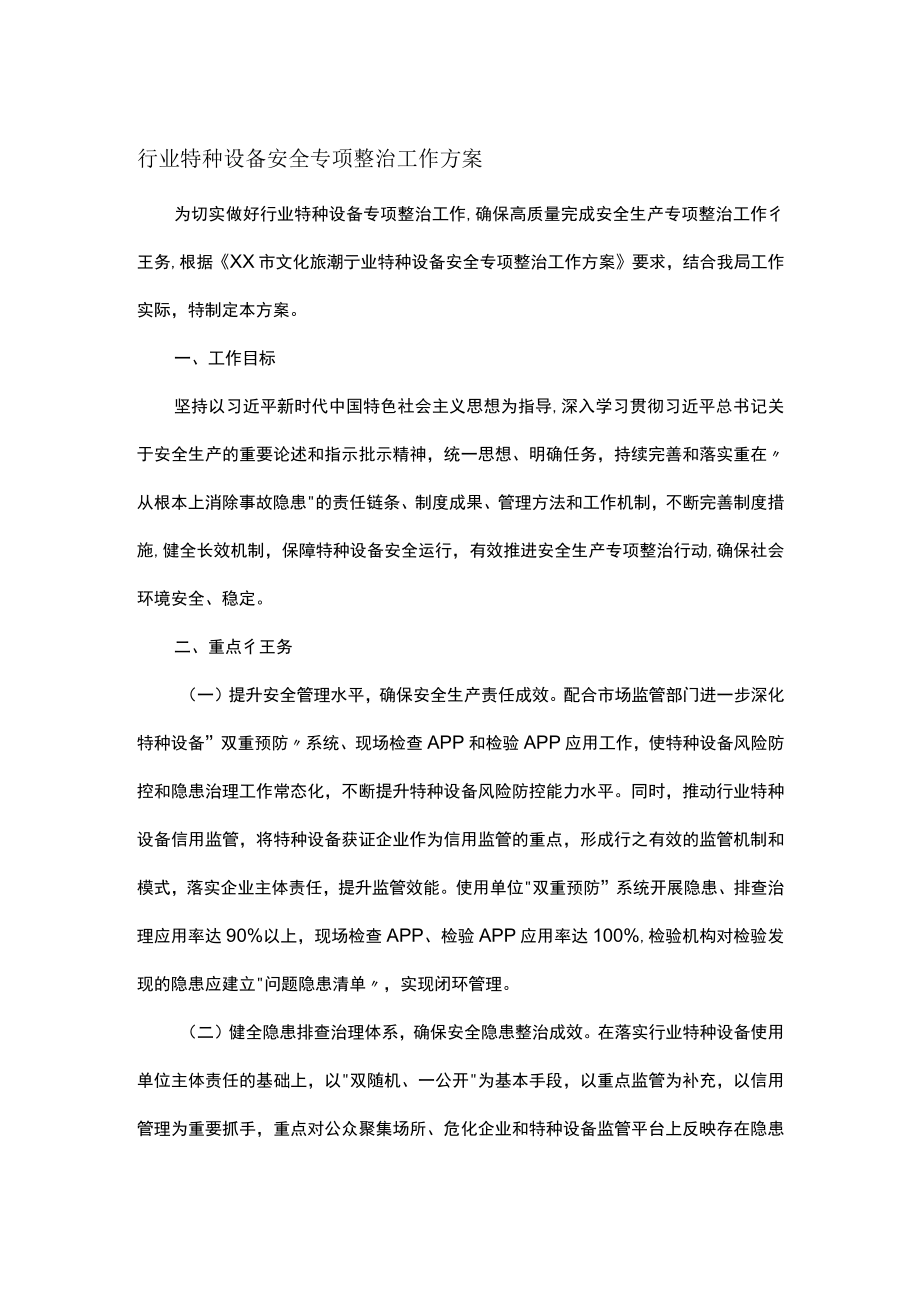 行业特种设备安全专项整治工作方案.docx_第1页