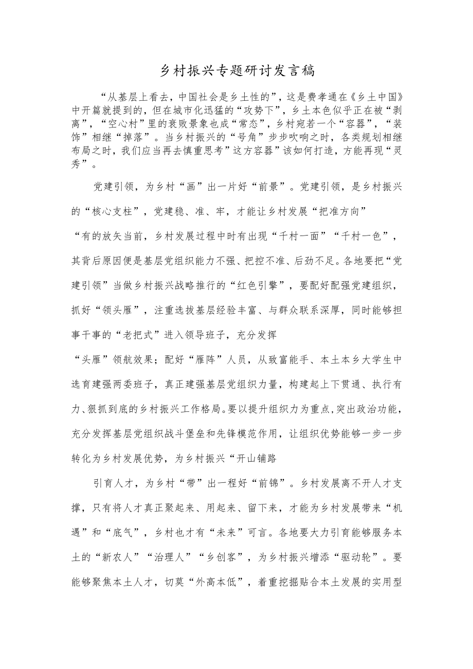 乡村振兴专题研讨发言稿.docx_第1页