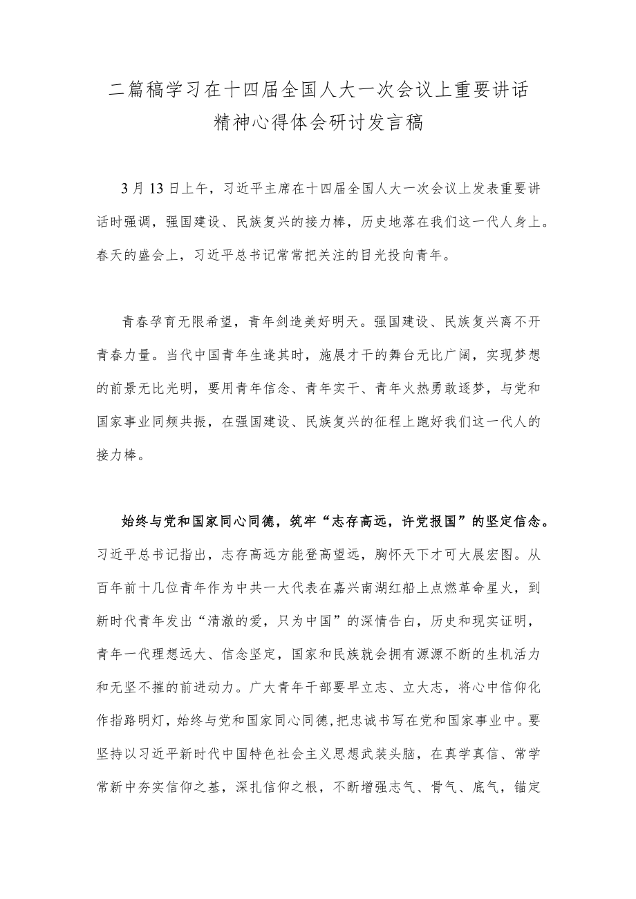 二篇稿学习在十四届全国人大一次会议上重要讲话精神心得体会研讨发言稿.docx_第1页