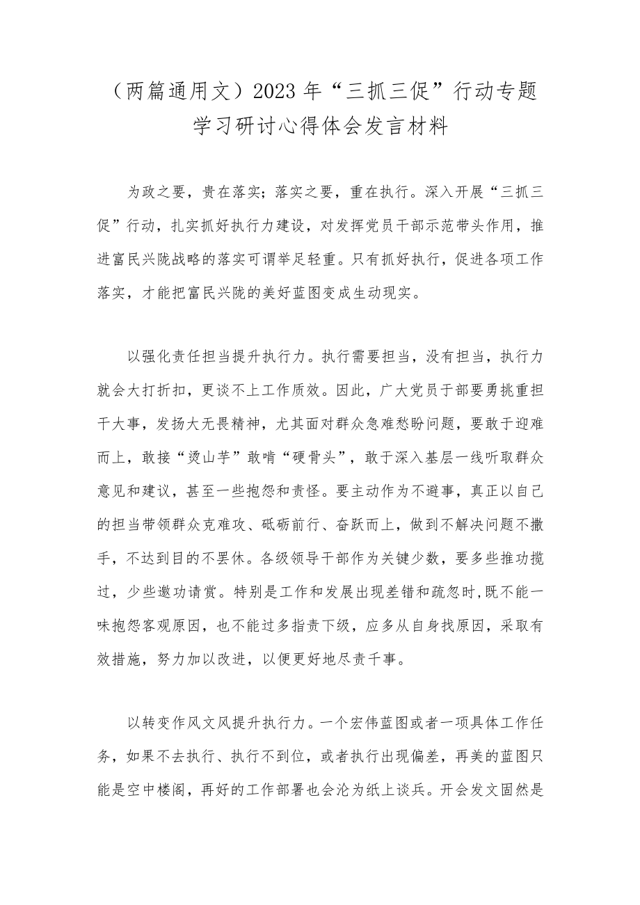 （两篇通用文）2023年“三抓三促”行动专题学习研讨心得体会发言材料.docx_第1页